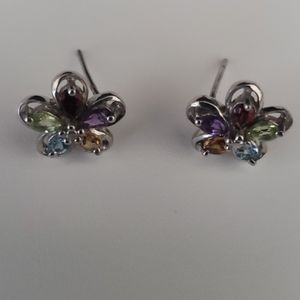 925 Sterling Silver Elegant Multi-Color Floral Earrings